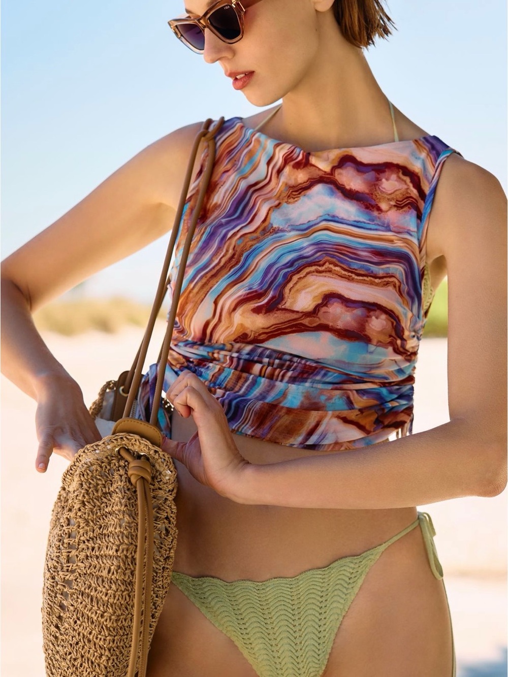Anthropologie Multicolor Marble Ruched Tank Top — Blue & Rust